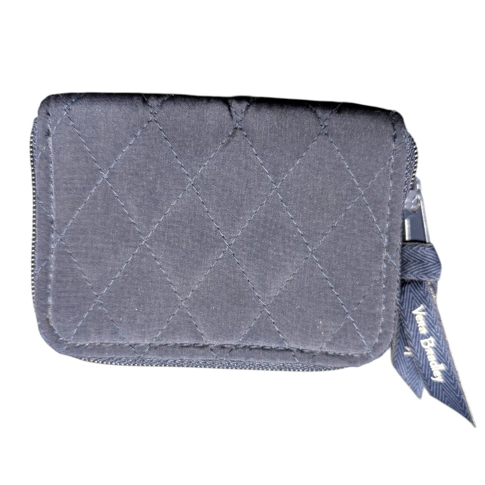 Vera Bradley Navy Blue Quilted Zip Around ID Case Wallet Coin Purse‎ Logo Pull